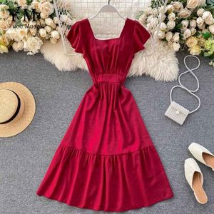 YuooMuoo Ruffled Women A Line Dress Chic Backless Bandage Midi Dress Vestidos Female Red Party Dress Robe Femme