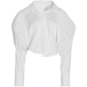 Twotwinstyle Casual Gestreepte Vrouwen Shirt Revers Kraag Bladerdeeg Lange Mouwen Losse Asymmetrische Mode Blouse Vrouwelijke Mode Tij