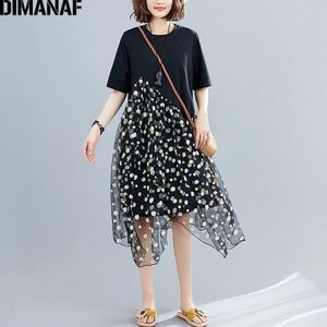 Dimanaf Plus Size Jurk Vrouwen Kleding Zomer Katoenen Mesh Bloemen Gesplitst Losse Sweet Lady Zonnejurk Vestidos Zwarte Jurk