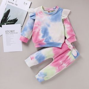 Herfst Baby 2 Stuks Kleding Set Baby Girl Fall Outfits Tie Dye Print Lange Mouw Ruches T-shirt + Strik broek Set
