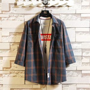Casual Heren Drie Kwart Shirt Japanse Streetwear Plaid Streep Koreaanse Shirt Voor Mannen Flanel Vintage Chemise Shirt Mannen Kleding