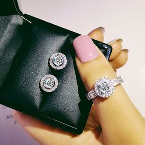 925 Sterling Zilveren Sieraden Set Halo Engagement Ring Ronde Stud Earring Voor Wedding Valentijnsdag Kerst J4927b