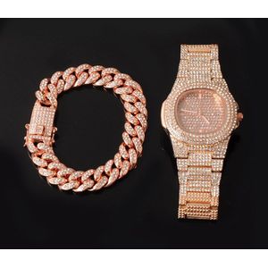 13Mm 3Pcs Rose Gouden Ketting + Horloge + Armband Hip Hop Miami Curb Cubaanse Ketting Iced Out Verharde steentjes Cz Bling Voor Mannen Sieraden