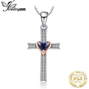 Jewelrypalace Cross Hart Liefde Gemaakt Blue Sapphire Rose Gold 925 Sterling Zilveren Hanger Ketting Voor Vrouwen Mode Geen Ketting