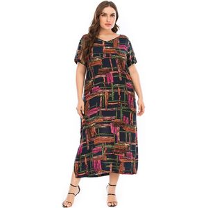 Plus Size Jurk Vrouwen Zomer V-hals Korte Mouw Kleurrijke Plaid Print Casual Dress Side Split Maxi Lange jurken