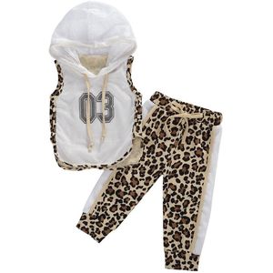 0-5Y Zomer Meisjes Kleding Sets Sportkleding Pak Ademend Mesh Mouwloze Hooded Top + Luipaard Print Broek