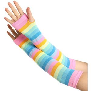 Rainbow Stripe Autumn Winter Long Fingerless Sunscreen Arm Warmers Sleeves length 35cm Soft Knitting