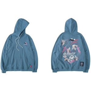 Lenstid Mannen Hip Hop Pullover Hoodies Japanse Crane Sakura Print Streetwear Harajuku Herfst 100% Katoen Toevallige Zwarte Sweatshirts