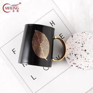Blad Koffie Mokken Zwart Met Goud Keramische Melk Thee Cups Keuken Accessoires Tafel Kantoor Drinkware Voor Vader Vriendje Boss