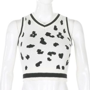 Dier Koe Print Trui Vest V-hals Mouwloze Vrouwen Herfst Winter Tank Jumper Preppy Stijl Dames Gebreide Trui Tops