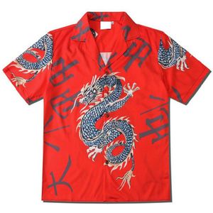 Harajuku Street Mannen & Vrouwen Koppels Casual Chinese Draak Print Zomer Korte Mouw Losse Revers Shirt Rood Voor mannen