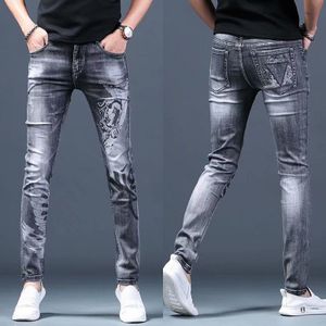 Modle Broek Casual Stretch Grijs Rechte Broek Persoonlijkheid Jeugd Printing Mode Jeans Mannen