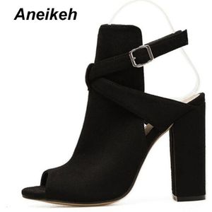 Aneikeh Vrouwen Gesp Sandalen Voor Lente Flock Cross Strap Hoge Hakken Elegante Peep Toe Schoenen Vrouwelijke Vierkante Hak Dames schoen