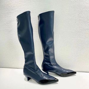 Mode Knie Laarzen Soft Leather Knight Botas Wees Teen Gemengde Kleur Dikke Mid Hakken Herfst Winter Party Laarzen Schoenen