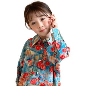 2022 Lente Kid Meisje Shirts Blauw Olieverfschilderijdruk Turn-Down Kraag Lange Mouwen Blouse Zoete Kinderen Retro kleding E2028