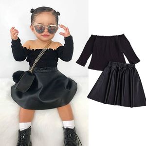 Focusnorm 2-7Y Herfst Baby Meisjes Mode Kleding Sets Knit Ruches Lange Mouwen Off Shoulder Tops Pu Lederen Rokken 2 Stuks