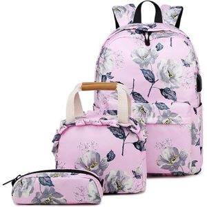 Atinfor 3 Stks/set Waterdichte Vrouwen Set Rugzak Voor Tieners Met Lunchbox Zakken Bloemenprint Student Laptop Tas