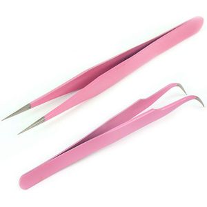 2 Stuks Roze Straight & Gebogen Pincet Gebruikt In Wimper Extension, Individuele Wimpers Uitbreiding Pincet Beauty Makeup Tools