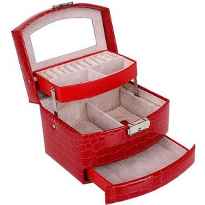 Automatische Lederen Sieraden Doos Drie-Layer Opbergdoos Voor Vrouwen Oorbel Ring Cosmetische Organisator Kist Voor Decoraties (Rood)