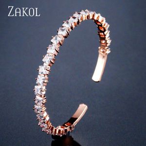 Zakol Mode Groene Vierkante Zirconia Baguette Manchet Armband Armbanden Voor Vrouwen Meisje Party Bruiloft Sieraden FSBP2147