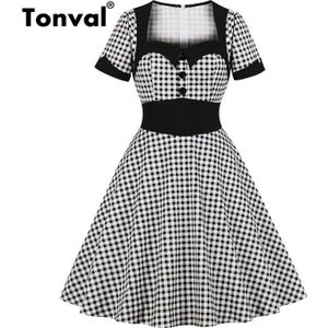 Tonval Rockabilly 50 s Boerenbont Sweetheart Hals Vrouwen Retro Jurk Knop Voorzijde 95% Katoen Vintage Hoge Taille Plaid Jurken