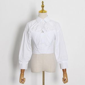 Twotwinstyle Casual Wit Shirt Voor Vrouwen Revers Lantaarn Mouw Ruches Solide Minimalistische Blouse Vrouwelijke Fall Tij