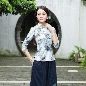 Chinese Shirts Mountain Inkt Schilderen Elasticiteit Qipao Tops vrouwen Lente Zeven-kwart Mouw Afdrukken Elastische Tang Kostuum