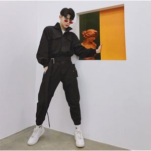 Mannen herfst zwarte vintage punk rock hip hop overalls Koreaanse stijl capuchon jumpsuit nachtclub DJ zanger cargo broek joggers