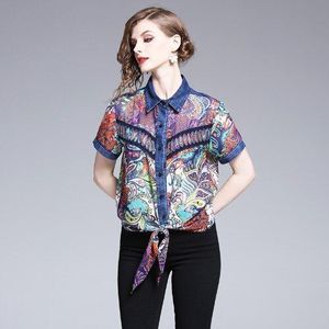 Luxe Dubbele Knit Gedrukt Korte Mouw Gesplitst Dames Shirt Zijde Chiffon Plus Size Vrouwen Kleding Dames Tops