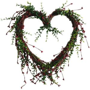 Kunstmatige Rode Mini-berry hartvormige Krans Perzik Hart Groene Plant Krans Bruiloft Opknoping Deur Decoratie Wanddecoratie