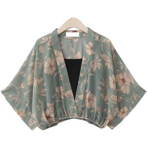 Japanse Stijl Zachte V-hals Bloemen Printing Chiffon Dunne Zachte Losse Mouw Kimono Tops Zomer Elegante Dames Bat Overhemd 2 stuks
