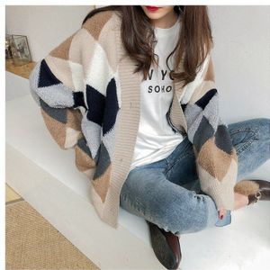 Mazefeng Vrouwen Truien Herfst Winter Modieuze Toevallige Plaid V-hals Vesten Enkele Breasted Bladerdeeg Mouw Losse Trui