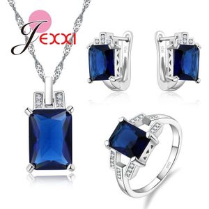 Luxe Grote Vierkante Zirconia 925 Sterling Zilveren Bruids Sieraden Sets Vrouwen Hoepel Oorbellen Ketting Ring Set