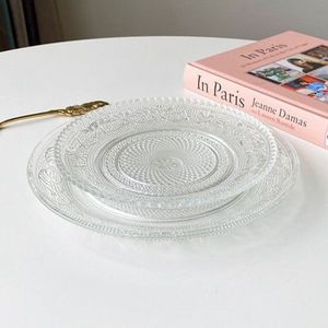 Retro Reliëf Patroon Glazen Schijf Transparante Ontbijt Schotel Snacks Dessertbord Kleine Schotel Fruit Bonogram Keuken Benodigdheden