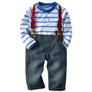 2 Stuks Gentleman Stijl Peuter Baby Boy Kleding Lange Mouw Blauwe Strepen T-shirt Denim Jeans Overalls Outfit Sets