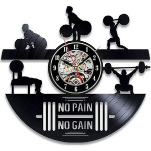 Fitness Gym Vinyl Record Wandklok Modern Bodybuilding No Pain No Gain 3D Decoratie Vintage Klok Muur Horloge Home decor