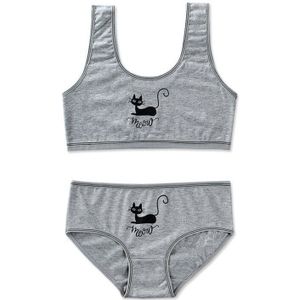 Tieners Jonge Meisjes 2 Stuks Ondergoed Set Leuke Zwarte Kat Afdrukken Brede Band Training Beha Gestreepte Vest Top En Bijpassende slipje Sport U