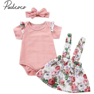Gloednieuwe Pasgeboren Baby Kids Baby Meisjes Kleding 3 STUKS Sets Roze Romper Bloemen Algehele Jurk Hoofdband Zomer Outfits 0-24 M