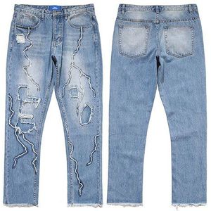 Hip Hop Streetwear Denim Broek Lightning Print Ripped Denim Broek Harajuku Denim Broek Blauwe Broek Joggers Katoen Jeans