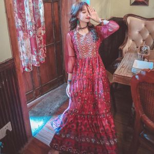 Zomer Oranje Rood Medium Lange Netto Borduurwerk Stiksels Thaise Nationale Stijl Indian Jurk Retro Mode Lange Rok Kurti Kurta