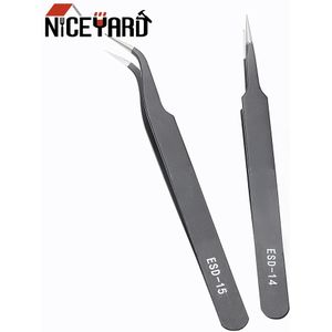 Niceyard Zwarte Tang Precisie Pincet Gebogen Rechte Tip Antistatische Rvs ESD-14 ESD-15