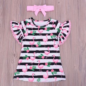 Baby Kids Meisjes Kinderen Korte Flying Mouwen T-shirt Flamingo Meisjes Leuke Gestreepte Casual T-shirts Baby Meisjes Top Tees 7161 08