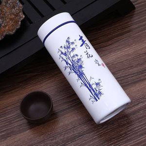 Chinese Blauwe en Witte Keramische Fles Water Roestvrij Staal Buiten Thermosfles Outdoor Draagbare Porselein Drink Fles Cup