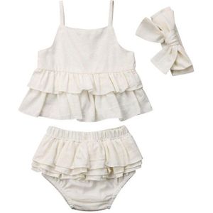 Boho Zomer Peuter Kids Baby Girl Ruffle Kleding Wit Outfits Mouwloos Strap Vest Tops Tutu Shorts Hoofdband 3 Pcs Sets 6M-4Y