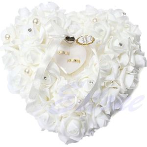Romantische Rose Huwelijksceremonie Gunsten Hartvormige Parel Ring Box Ringkussen Kussen