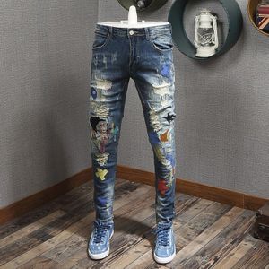 Streetwear Mannen Jeans Slim Fit Borduren Ripped Jeans Mannen Vernietigd Baggy Broek Elastische Patches Hip Hop Jeans