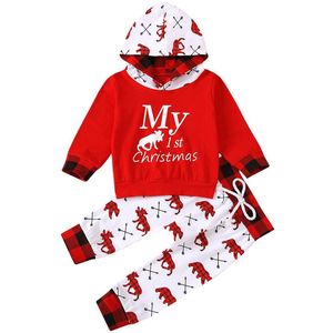 Focusnorm Mijn 1st Kerstmis Pasgeboren Baby Jongen Meisje Kleding Sets Lange Mouwen Hooded Tops Herten Print Pant 2 Stuks