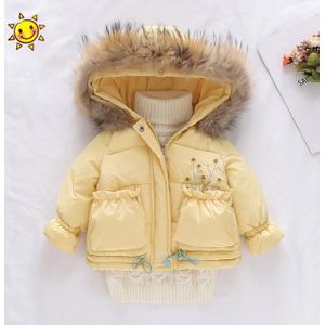 Baby Winter Katoenen Jas Voor Meisjes Park Snowsuit Kinderen Effen Kleur Kleding Bontkraag Bovenkleding Leuke Parka Hooded Kleding