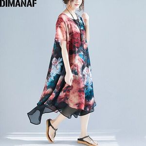 DIMANAF Vrouwen Plus Size Lange Jurken Chiffon Lady Vestidos Losse Casual Zomer Strand Jurk Vrouwelijke Elegante Zonnejurk Print Bloemen