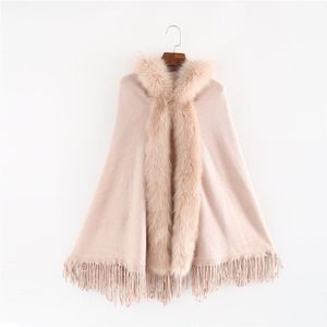 Winter Warm Vrouwen Solid fur Poncho En Capes met Cap Oversized Sjaals Wraps Kasjmier Vrouwelijke Bufanda